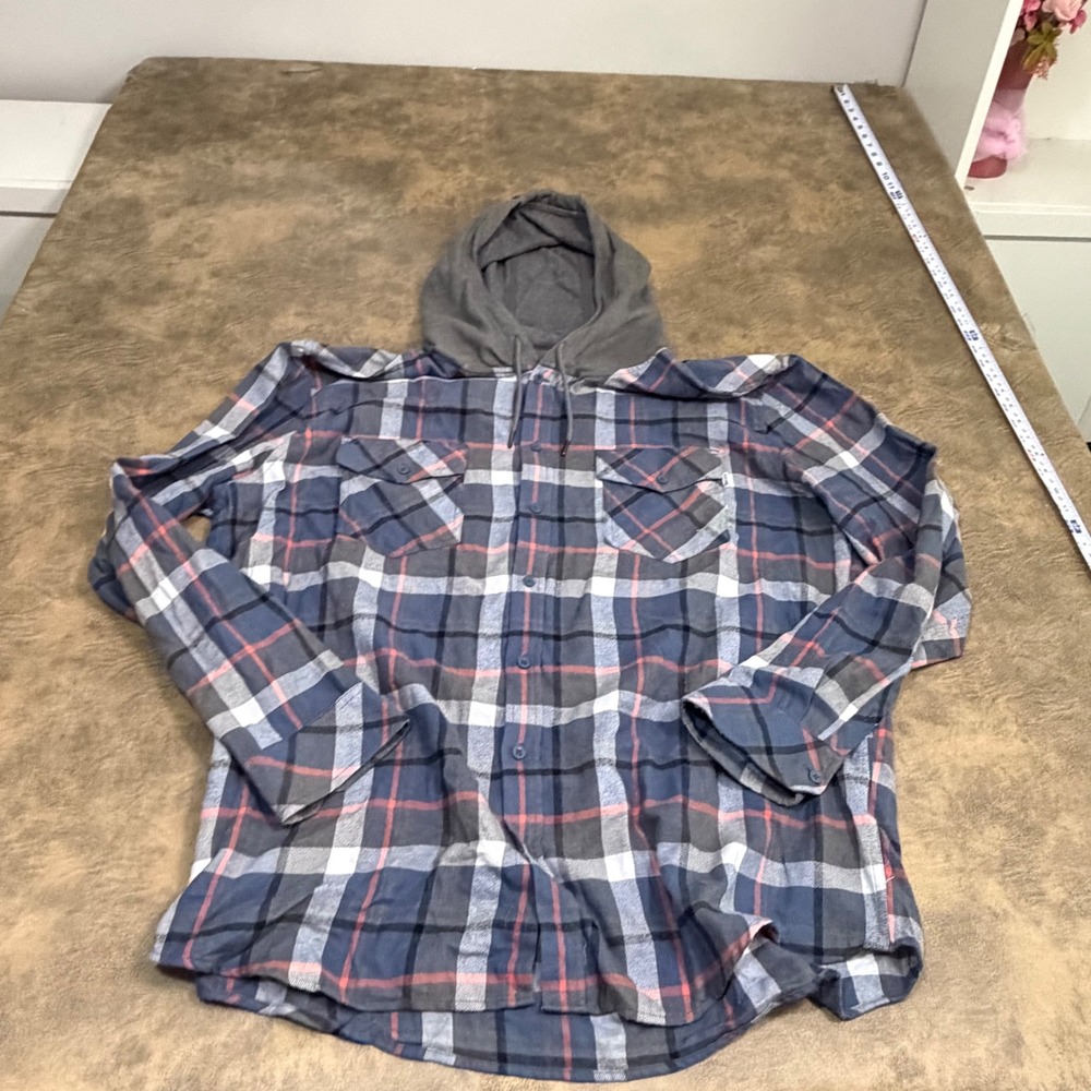 Hurley Hooded Flannel Shirt Mens XXL Blue Gray Plaid Long Sleeve Button Up